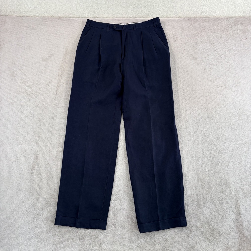 Ermenegildo Zegna Pleated Cuffed Linen Trouser Pants in Navy Blue Men Fits 32x31